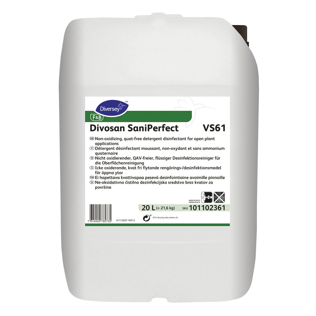 Divosan SaniPerfect VS61 20L - Kvaterner ammónium mentes, folyékony tisztító- és fertőtlenítőszer, valamennyi mosható felülethez